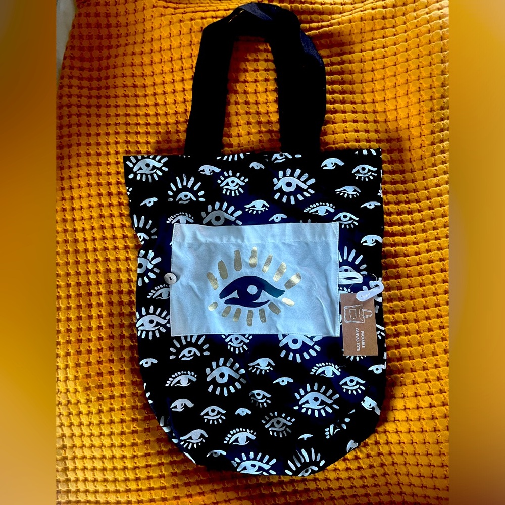 NWT Black, White And Gold Evil Eye Canvas Tote Bag